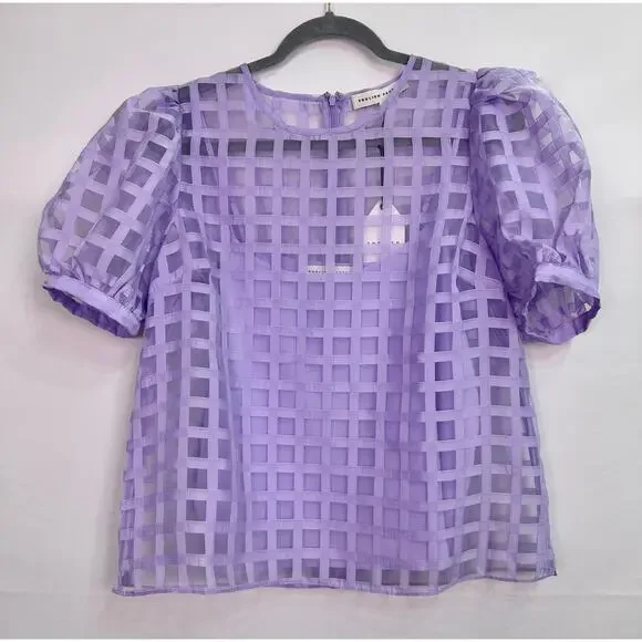 NWT English Factory Sheer Windowpane Puff Sleeve Top Lilac Size L - Picture 3 of 13